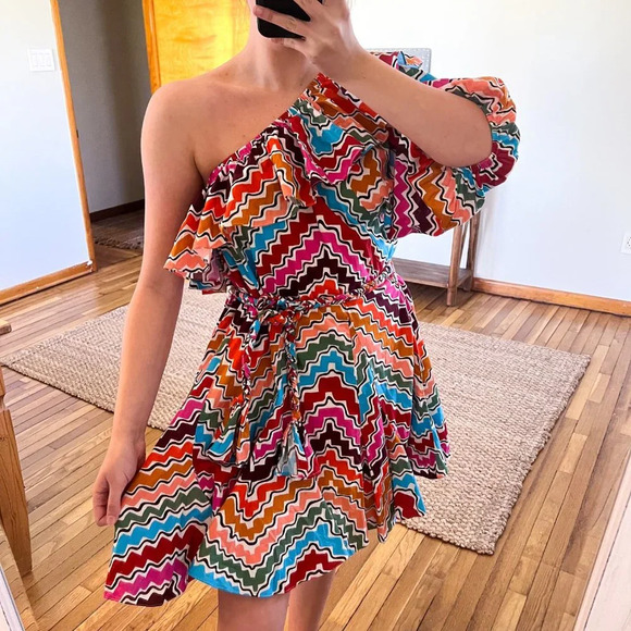 RHODE Dresses & Skirts - Rhode Colorful Striped One Shoulder Braided Belt Designer Mini Dress M NWOT